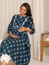 Teal Cotton Floral Fit & Flare Kurta